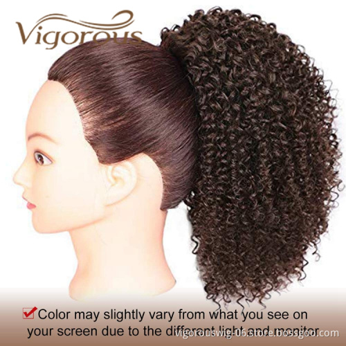Vigorous High Quality Middle Long Kinky Curly Dark Brown High Temperature Fiber Drawstring Synthetic Ponytail Hair Extension